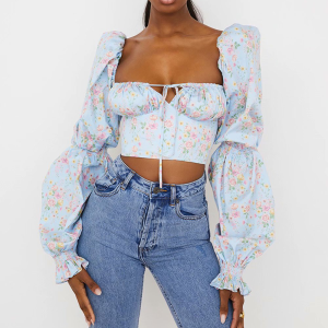 Elegant bustier med puffärmar och blommigt mönster