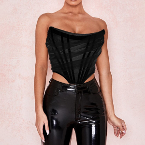 Svart axelbandslös tulle korsett topp