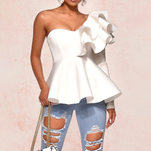 Vit asymmetrisk peplum bustier topp med volanger